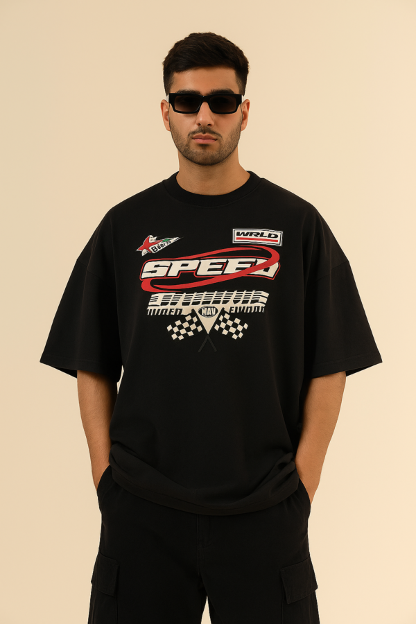 Racing Tee Black Drop Shoulder